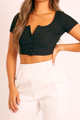 Black Button Front Scoop Neck Crop Top - Khiya