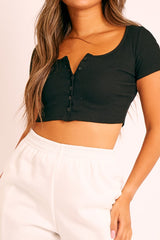 Black Button Front Scoop Neck Crop Top - Khiya