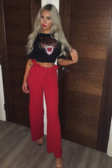 Red Paper Bag Tie Waist Wide Leg Trousers - Kennedy