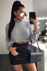 Grey Ruffle Hem Chunky Knit Crop Jumper - Alannah