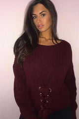Wine Chunky Knit Corset Waist Knitted Jumper - Mikayla