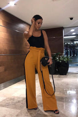 Mustard Paper Bag Tie Waist Wide Leg Trousers With Black Stripe - Kennedy