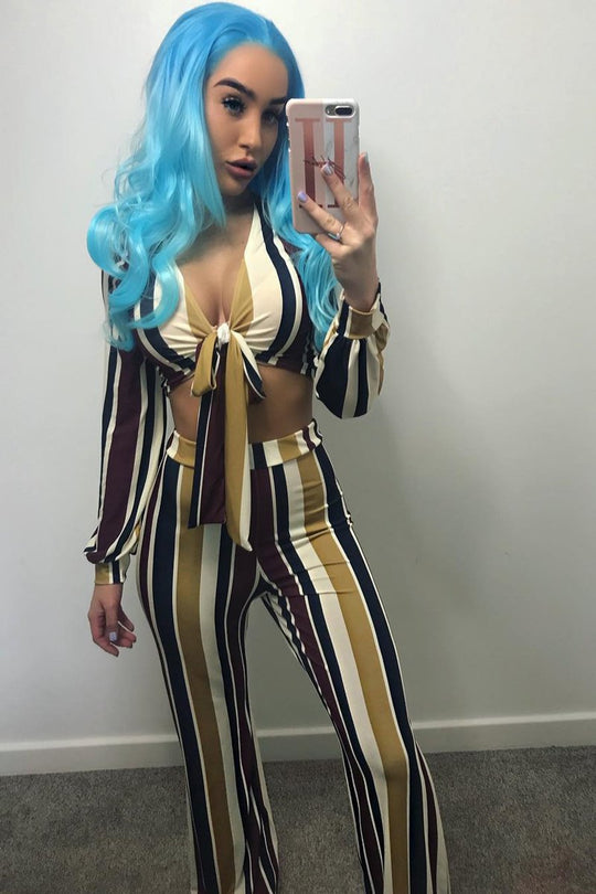 Wine Multi Stripe Plunge Tie Top - Nali