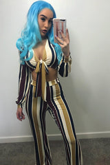 Wine Multi Stripe Wide Leg Trousers - Mitzy