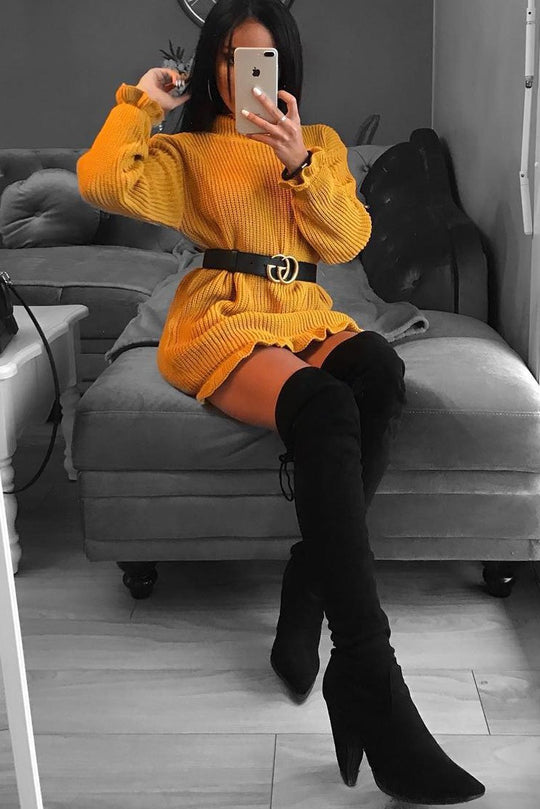 Mustard Knitted Ruffle Jumper Dress with Elasticated hems - Velma