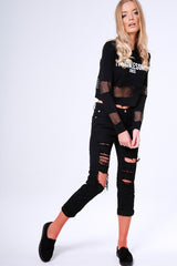 Black 'Troublesome' Slogan Mesh Panel Cropped Jumper - Ollie