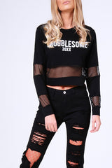 Black 'Troublesome' Slogan Mesh Panel Cropped Jumper - Ollie