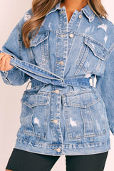 Mid Blue Distressed Belted Jacket - Camilla