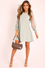 Sage Mesh Sleeve Shift Dress - Elizzie