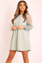 Sage Mesh Sleeve Shift Dress - Elizzie
