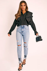 Black Ruffle Shoulder Cropped Shirt - Fiorella
