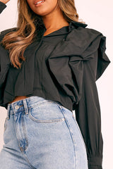 Black Ruffle Shoulder Cropped Shirt - Fiorella