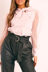 Pink Mesh Sleeve Bow Neck Blouse - Adelin