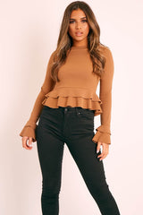Camel Peplum Frill Long Sleeve Top - Fari