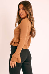 Camel Peplum Frill Long Sleeve Top - Fari
