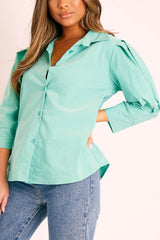 Green 3/4 Sleeve Button Shirt - Gelila