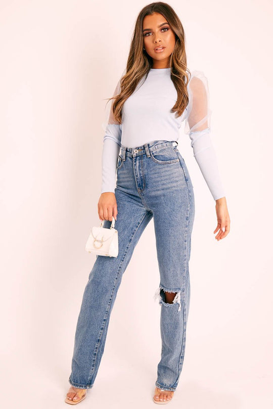 Blue Organza Half Puff Sleeve Top - Isla