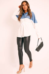 White Colour Block Denim Shirt - Jaiya
