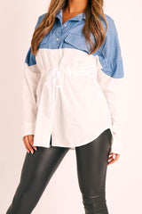 White Colour Block Denim Shirt - Jaiya
