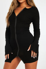 Black Ribbed Double Zip Bodycon Mini Dress - Bellani