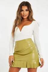 Olive Green Pleat Hem Faux Leather Mini Skirt - Irena
