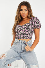 Black Purple Floral Corset Crop Top - Ferne