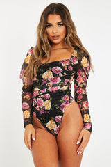 Black Floral Puff Sleeve Bodysuit - Deana