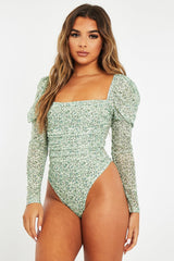 Sage Floral Puff Sleeve Bodysuit - Deana