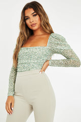 Sage Floral Puff Sleeve Bodysuit - Deana