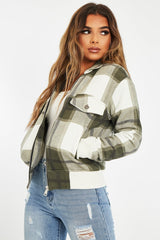 Khaki Check Zip Front Bomber Jacket - Luna