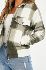 Khaki Check Zip Front Bomber Jacket - Luna