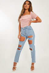 Light Blue Distressed Rip Frayed Straight Mom Jeans - Erin