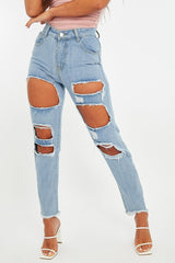 Light Blue Distressed Rip Frayed Straight Mom Jeans - Erin