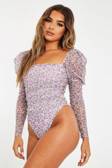 Lilac Floral Puff Sleeve Bodysuit - Deana