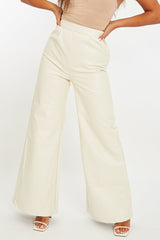 Cream High Waist Wide Leg Faux Leather Trousers - Hanika