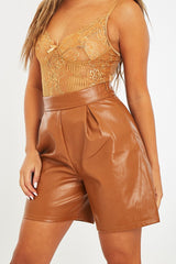 Camel Faux Leather Tailored Longline Short - Gloria