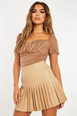 Camel Half Pleated Faux Leather Mini Skirt - Jeniya