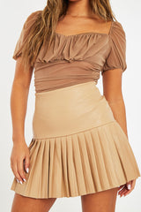 Camel Half Pleated Faux Leather Mini Skirt - Jeniya