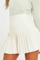 White Half Pleated Faux Leather Mini Skirt - Jeniya