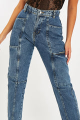 Mid Blue Wash Utility Mom Jeans - Lillis