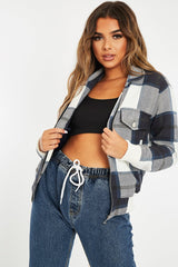 Navy Blue Check Zip Front Bomber Jacket - Luna