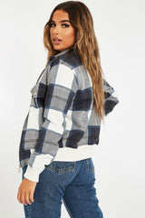 Navy Blue Check Zip Front Bomber Jacket - Luna