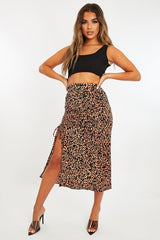 Pink Leopard Front Ruched Midi Skirt - Esmie