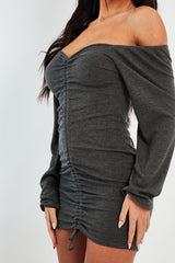 Grey Ribbed Ruched Centre Mini Dress - Nahlia