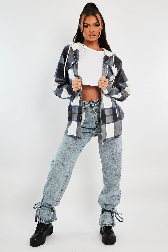 Navy Check Hooded Shacket - Destyn