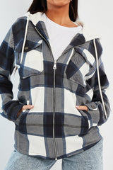 Navy Check Hooded Shacket - Destyn
