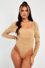 Beige Ruched Body Mesh Sleeve Bodysuit - Raeya