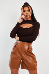 Brown Ribbed Cut Out Detail Bodysuit - Murphie