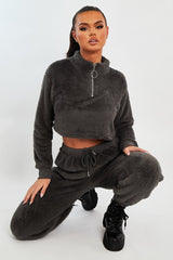 Grey Cropped Zip Front Teddy Jumper - Brady