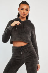 Grey Cropped Teddy Hoodie - Amyia